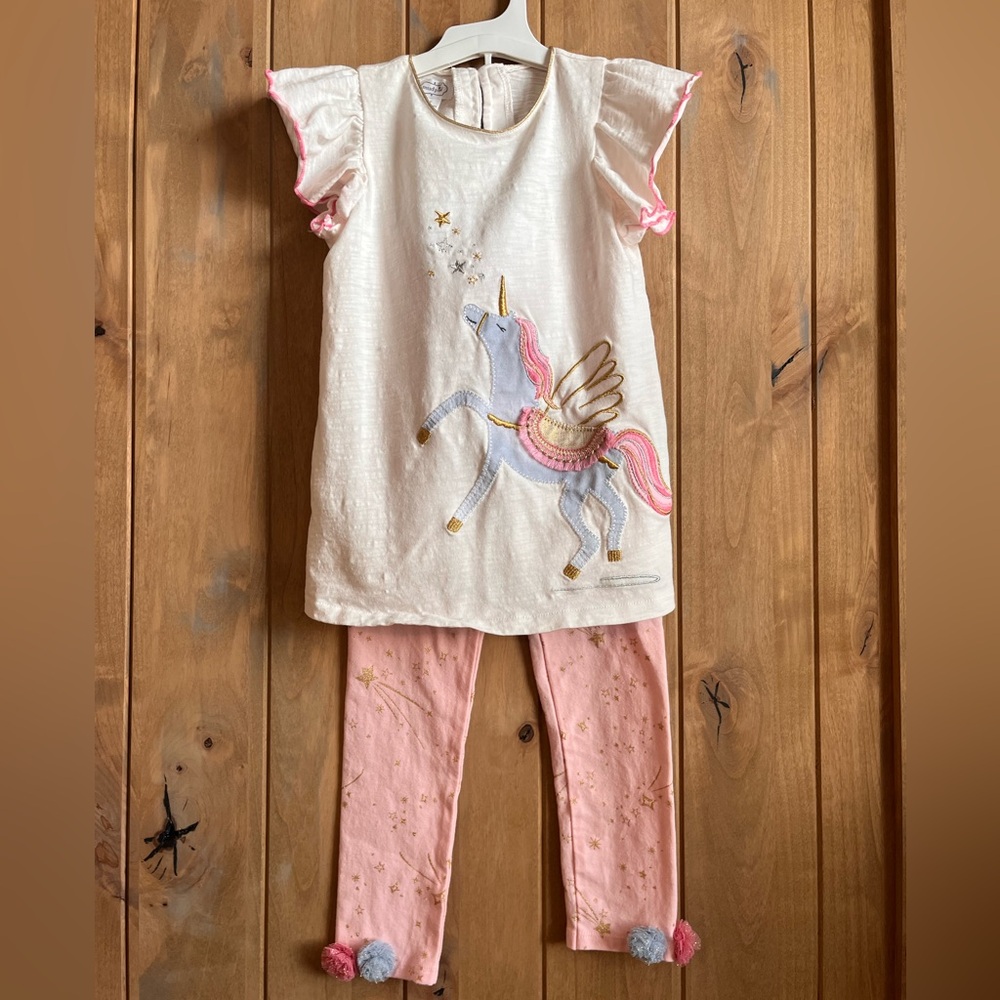 Mud Pie Unicorn Appliqué Top & Star Print Pink Leggings Set - size 4T